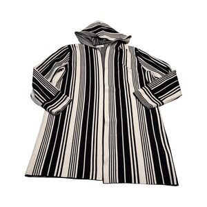 Sioni Womens XL Black White Striped Hooded Open Front Long Line Cardigan Sweater